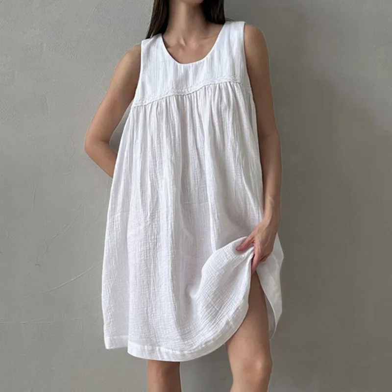 2026 Spring Collection Women's Comfortable Casual White Sleeveless Vest Dress Made of Soft Wrinkled Cotton A Relaxed Fit L Size