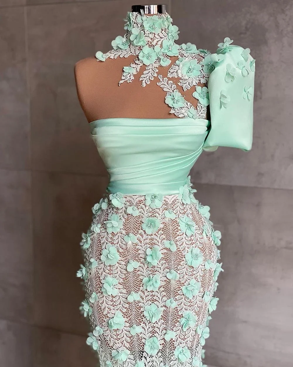 Gorgeous Mint Green Single Sleeve High Collar Handmade 3D Flower Formal Occasion Dresses Mermaid Tulle Beaded Dubai Prom Dress