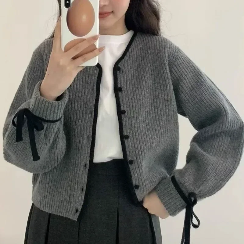 French Style Cardigan Sweet Bow Knitted Sweater Coat Knitwear Casual Simple Solid Women Clothes  2024 Autumn Winter Warm Tops