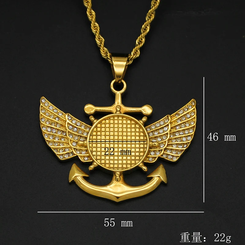 Hip Hop Rhinestones Paved Bling Iced Out Solid Stainless Steel Angel Wing Anchor Rudder Pendants Neckalce for Men Rapper Jewelry