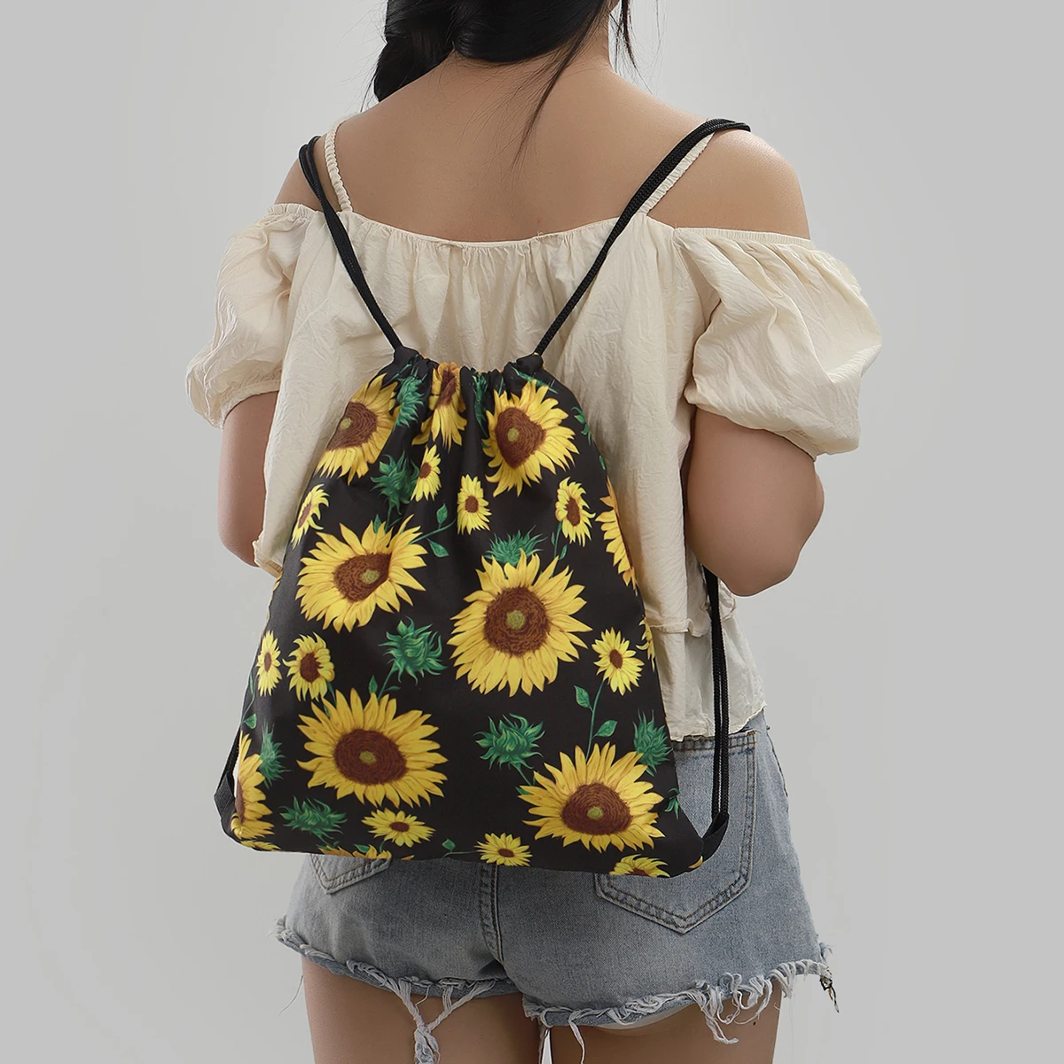 Sunflower Print Combination Travel Bag for Outdoor Travel, Storage and Makeup Bag, Portable Foldable Drawstring Backpack