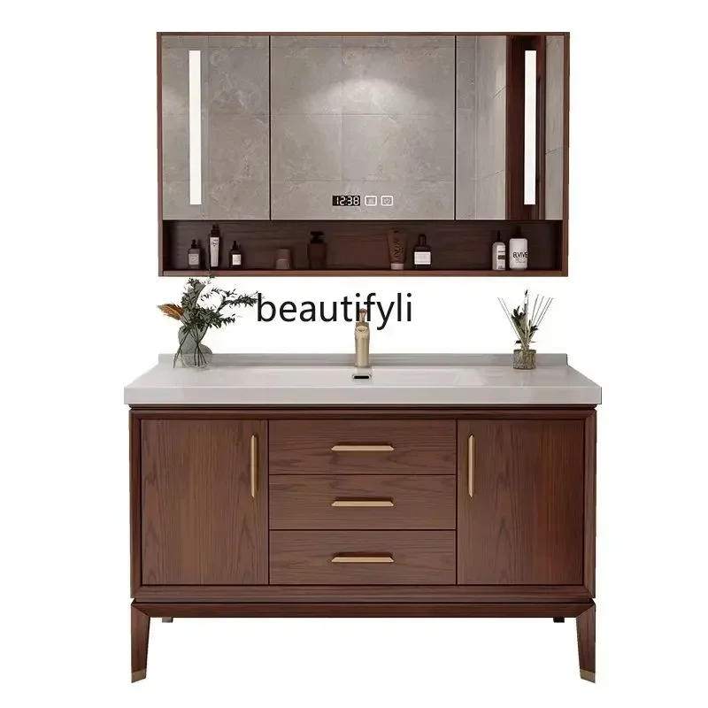 

xzNew Chinese oak bathroom cabinet combined with integrated ceramic basin Floor-to-ceiling smart mirror cabinet Wash pool