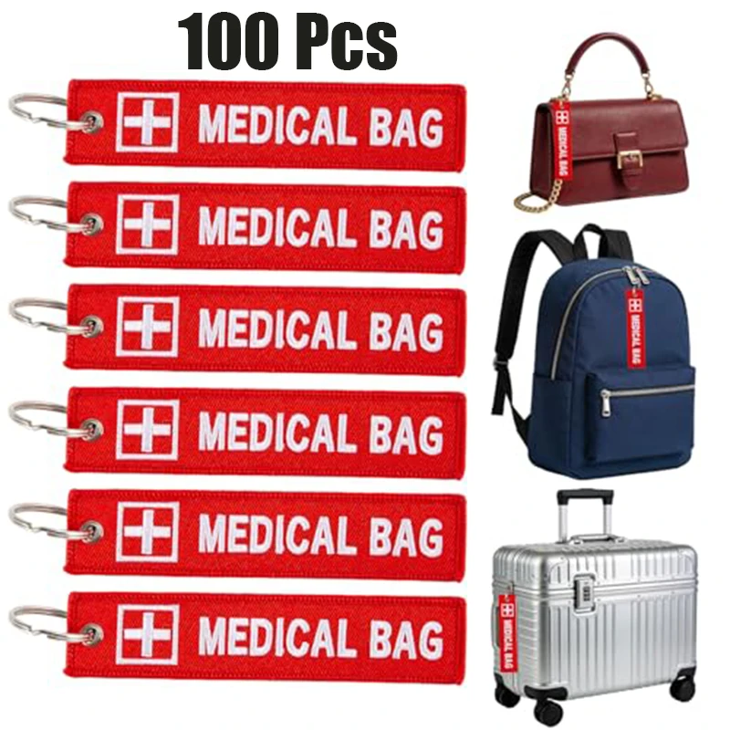 100Pcs Red MEDICAL BAG Alert Key Tag with White Cross Logo Double Sided Embroidery Luggage Strap for Outdoor Emergency