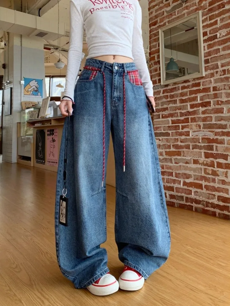 

Женские синие джинсы с высокой талией и карманами в сетку, крутая уличная одежда для девочек, широкие винтажные брюки, женские повседневные джинсовые брюки