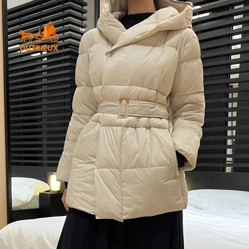 Doudoune longue à capuche avec ceinture pour femme, manteau chaud coupe-vent, 2024 duvet de canard blanc, hiver, nouveau, 90%