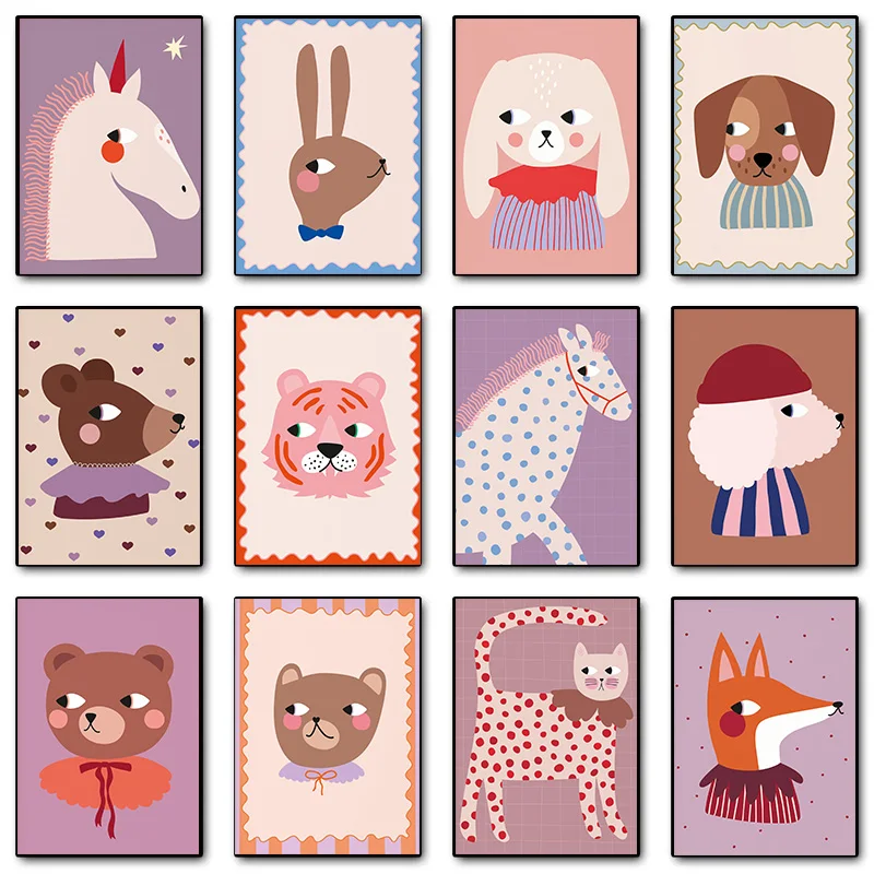 Cartoon Animal Bear Brown Dog Bunny Unicorn Sweet Bear Poster Print Wall Art Pictures Canvas Painting Room Home Decor Gift