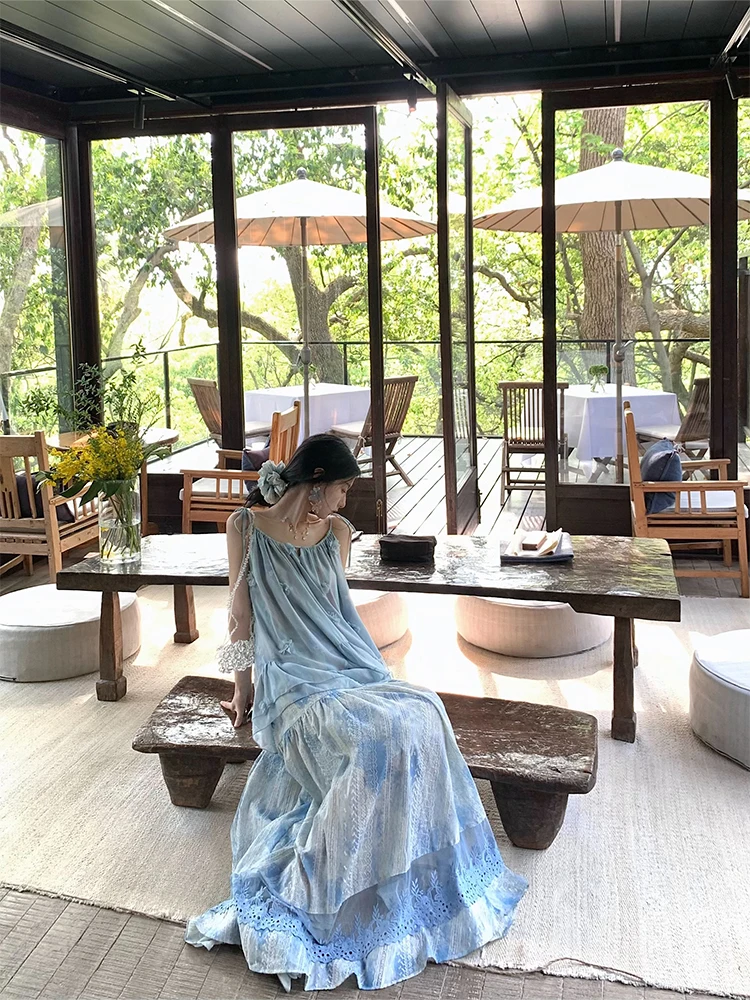 

Blue Lace Dyed Tassel ter Top And A-Line Skirt Set Walkink Dry Floral Print Polyester Fabric for Young Women