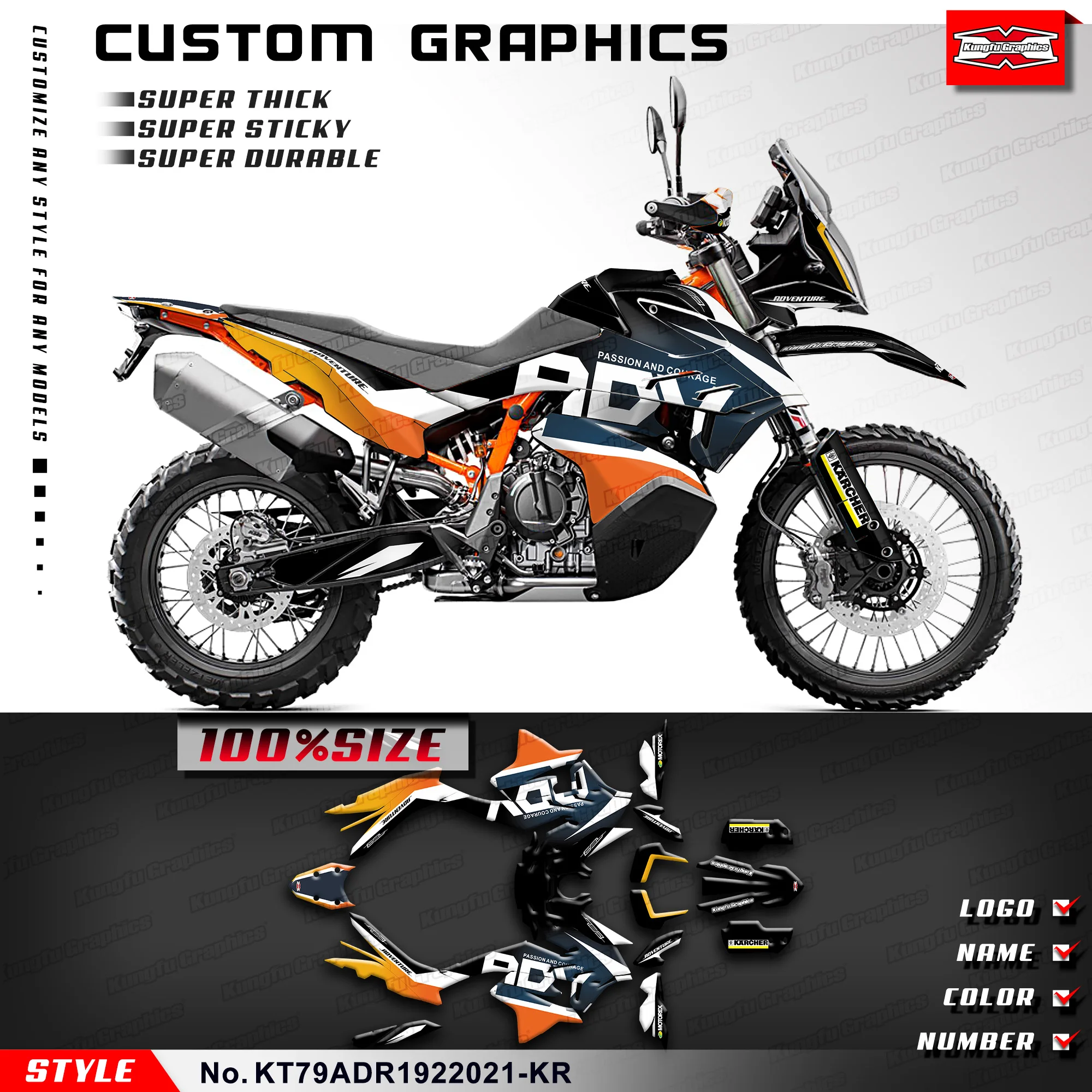 

KUNGFU GRAPHICS Custom Stickers Vinyl Wrap Kit for KTM 790 890 Adventure R 2019 2020 2021 2022, Style No.KT79ADR1922021-KR