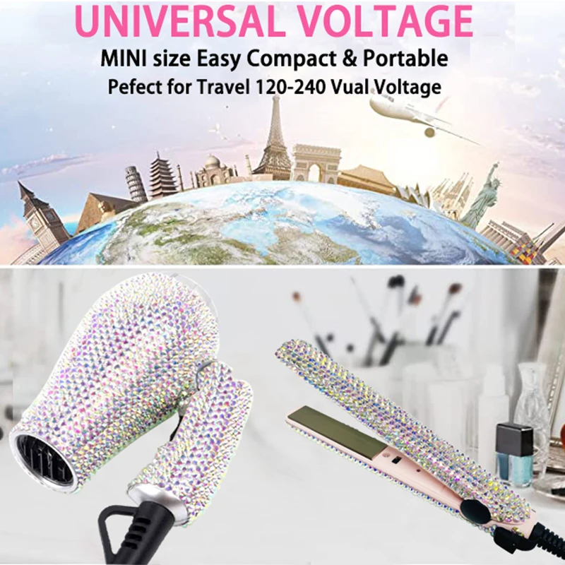 Mini Portable Flat Iron Blow Dryer Set Travel Hair Dryer and Small Flat Iron with Rhinestone Folding Handle Hair Dryer for Women