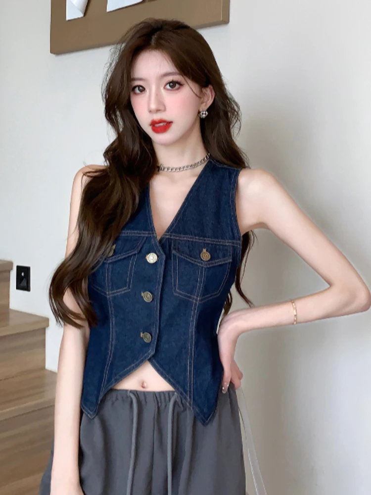 Stylish Retro Hong Kong Style V-Neck Single Button Denim Vest Sexy Personality Slimming Split Sleeveless Top Women's Fashion