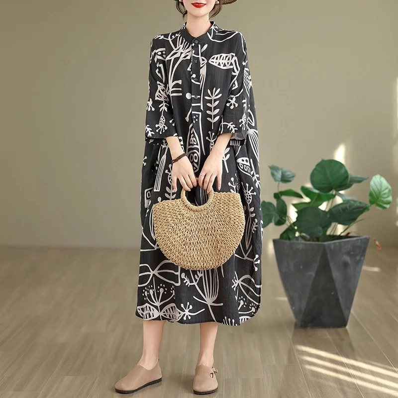 Otoño nuevo estilo artístico Retro algodón y cáñamo impreso cuello alto suelto Extra grande vestido de vacaciones W371