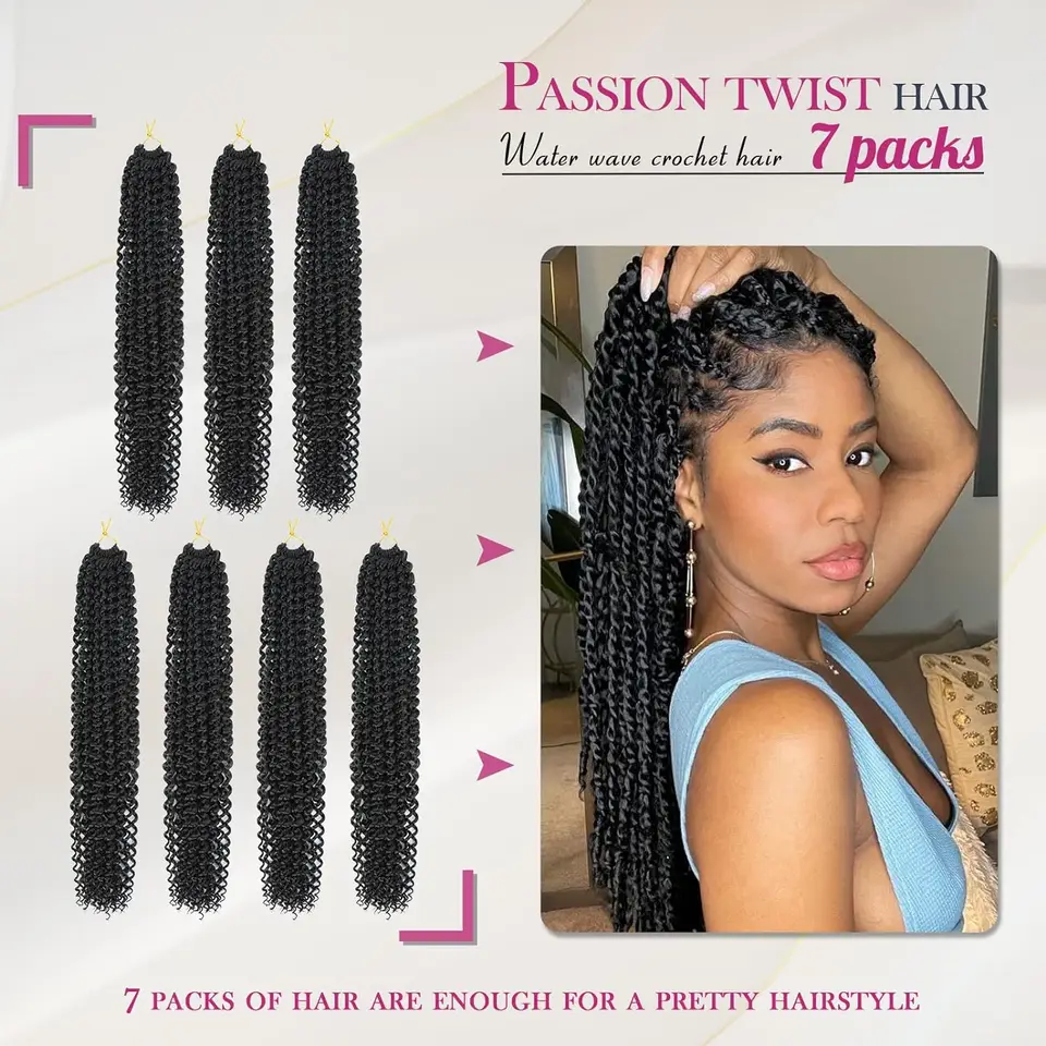 Cabello para crochet Passion Twist de 14/22 pulgadas, paquete de 1/3/7, onda de agua para mujeres negras, extensiones sintéticas largas 4