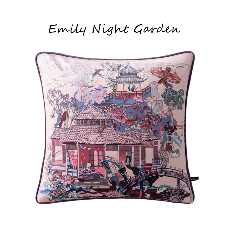 Pink Chinoiserie Velvet Throw Pillow Cover Oriental Ancient Pavilion Bridge Lotus Bird Print Square Cushion Cover Purple Piping