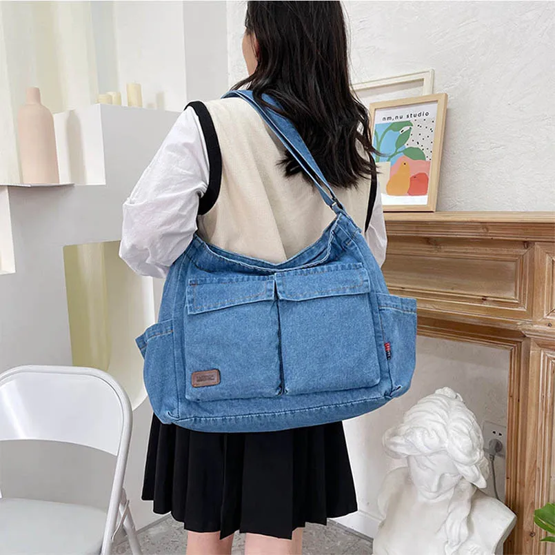 Denim Unisex Retro Jean Large Capacity Multiple Pockets Blue Messenger Crossbody Bag Handbag Letter Shoulder Shopper Women Purse