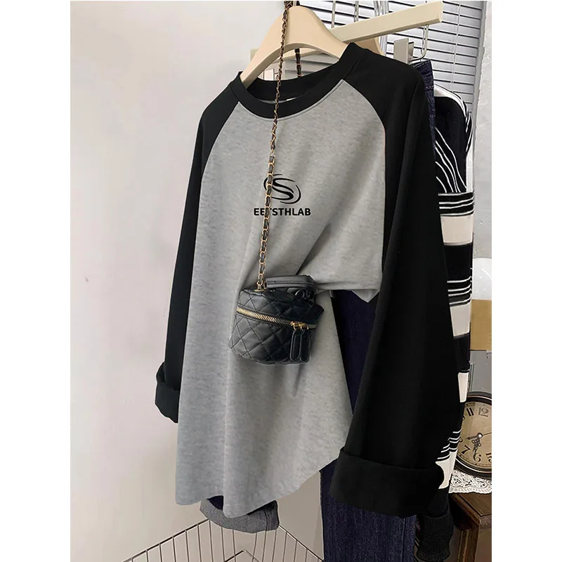 Shoulder T-shirt Chubby Korean Series Early Autumn Thin Top Gray Inner wear Ins Sle Wear Plus size Long sleeve Couple look