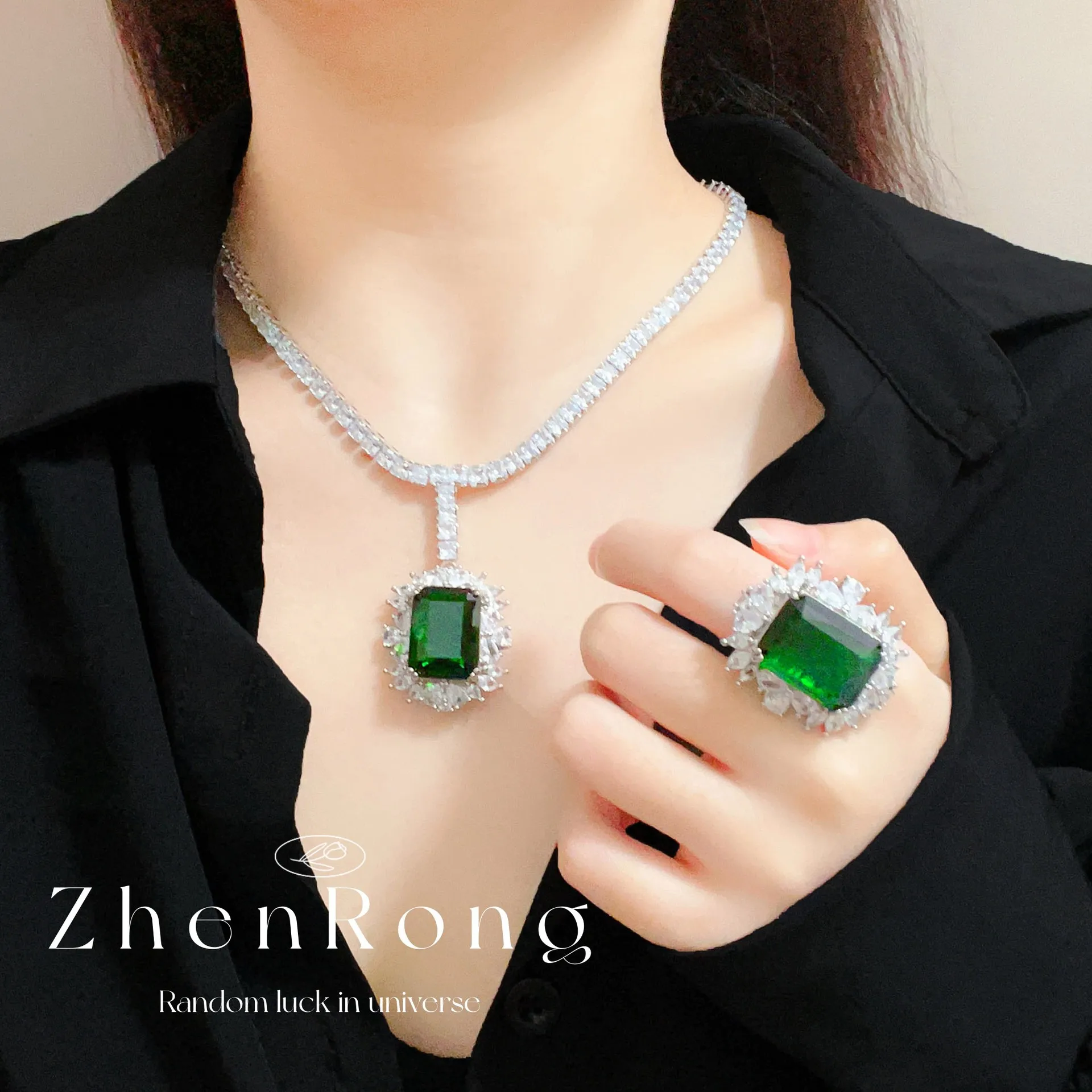 

Foydjew Luxury Designer Jewelry Simulation Emerald Square Green Diamond Pendant Necklaces Earrings Rings Jewelry Sets For Women