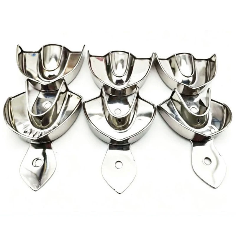 6pcs/Set Dental Metal Trays Dentistry Stainless steel Impression Tray Dentist Tools with no hole Upper Lower 3 Sizes