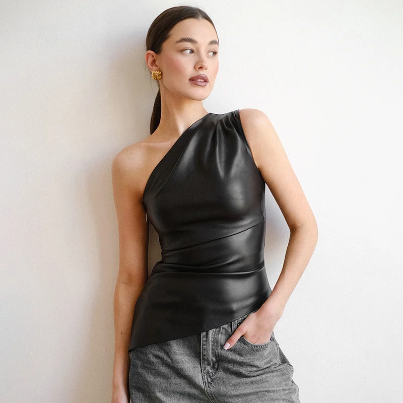 Chaleco de Cuero PU sin Mangas con Cierre para Mujer, Estilo Urbano, Cuello Asimétrico, Ropa de Moda para Discoteca