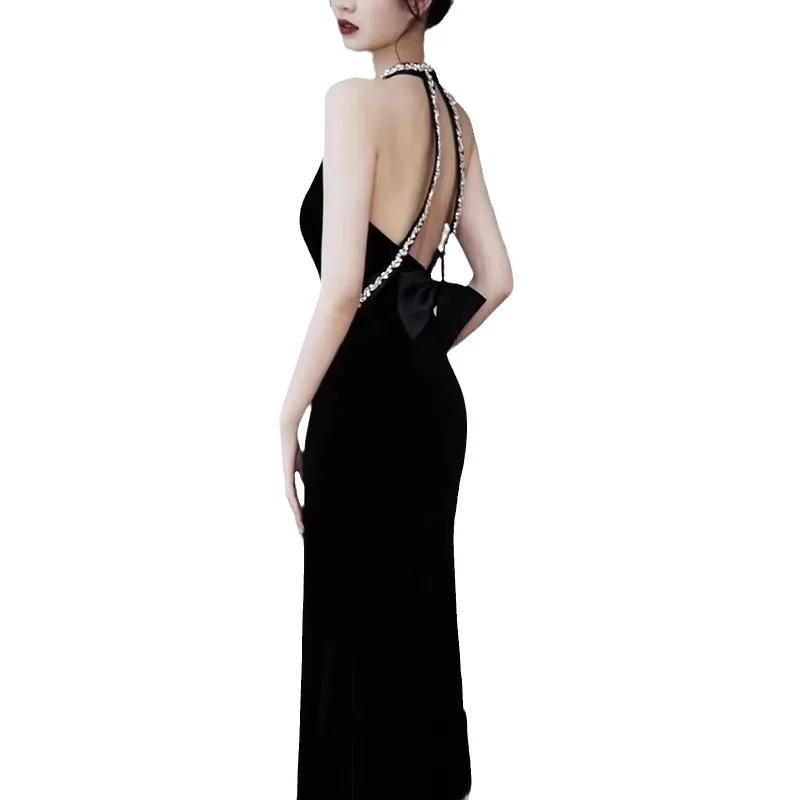 Women Black Velour Mermaid Formal Evening Dresses Sexy Heart Backless Long Prom Gowns