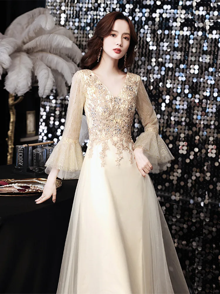 Champagne Lace Evening Party Dress Applique Flower Summer New Cheongsam Vestidso Women Trumpet Sleeve Qipao Maxi Gown