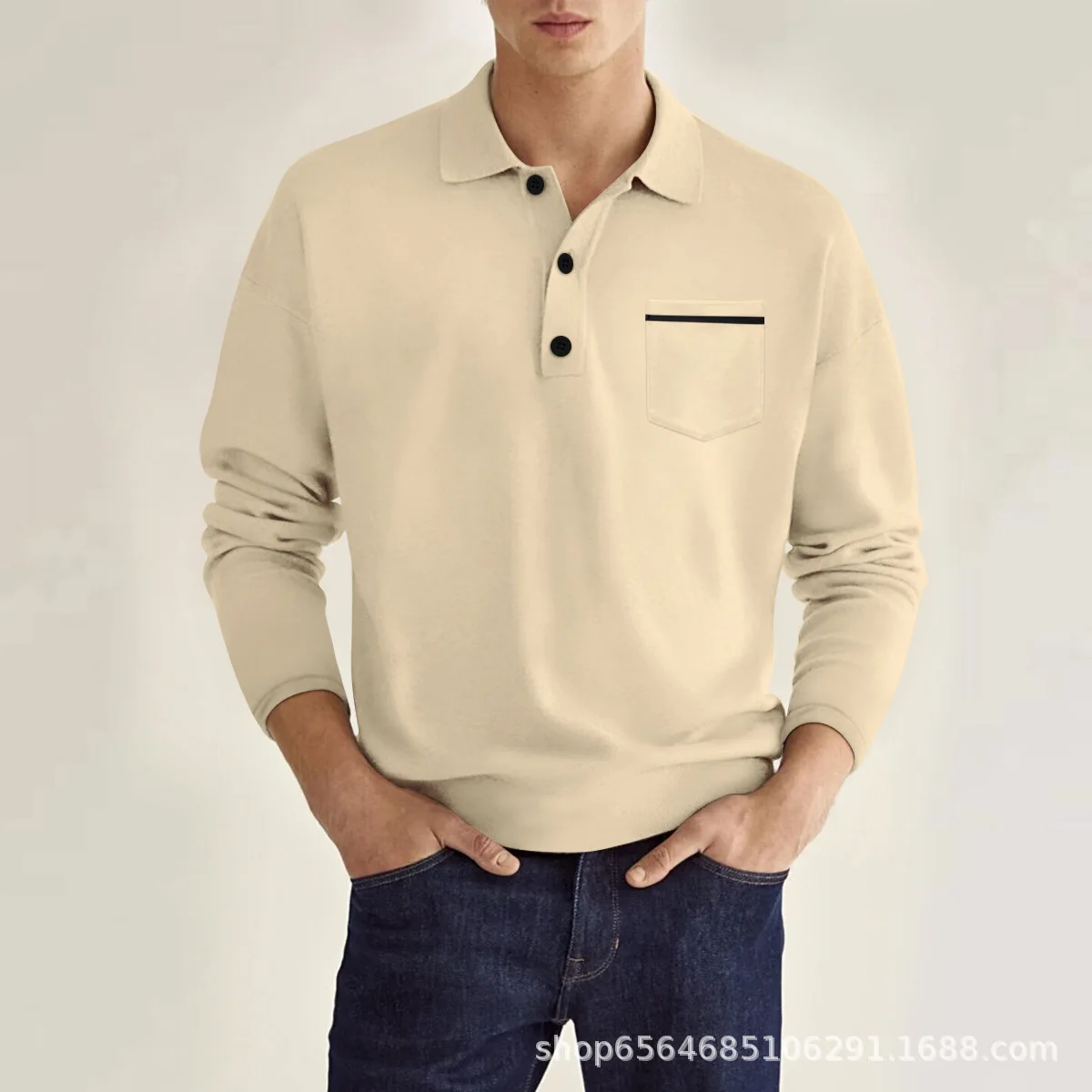 Spring Long-sleeved V-neck Button-up Men's Real Pocket Casual Top Polo Shirt Men's T-shirts and Tank Tops