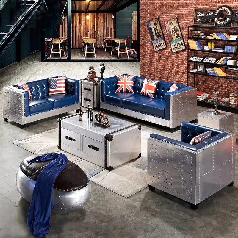 American industrial style sofa personalized retro L-shaped aluminum leather box card seat model room bar ktv sofa picture