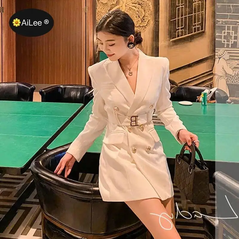 S-5XL Fashion Women Long Blazer with Belt Chic Popular Quality Femmale Bodycon Coat Double Breasted High Street Trench Dress