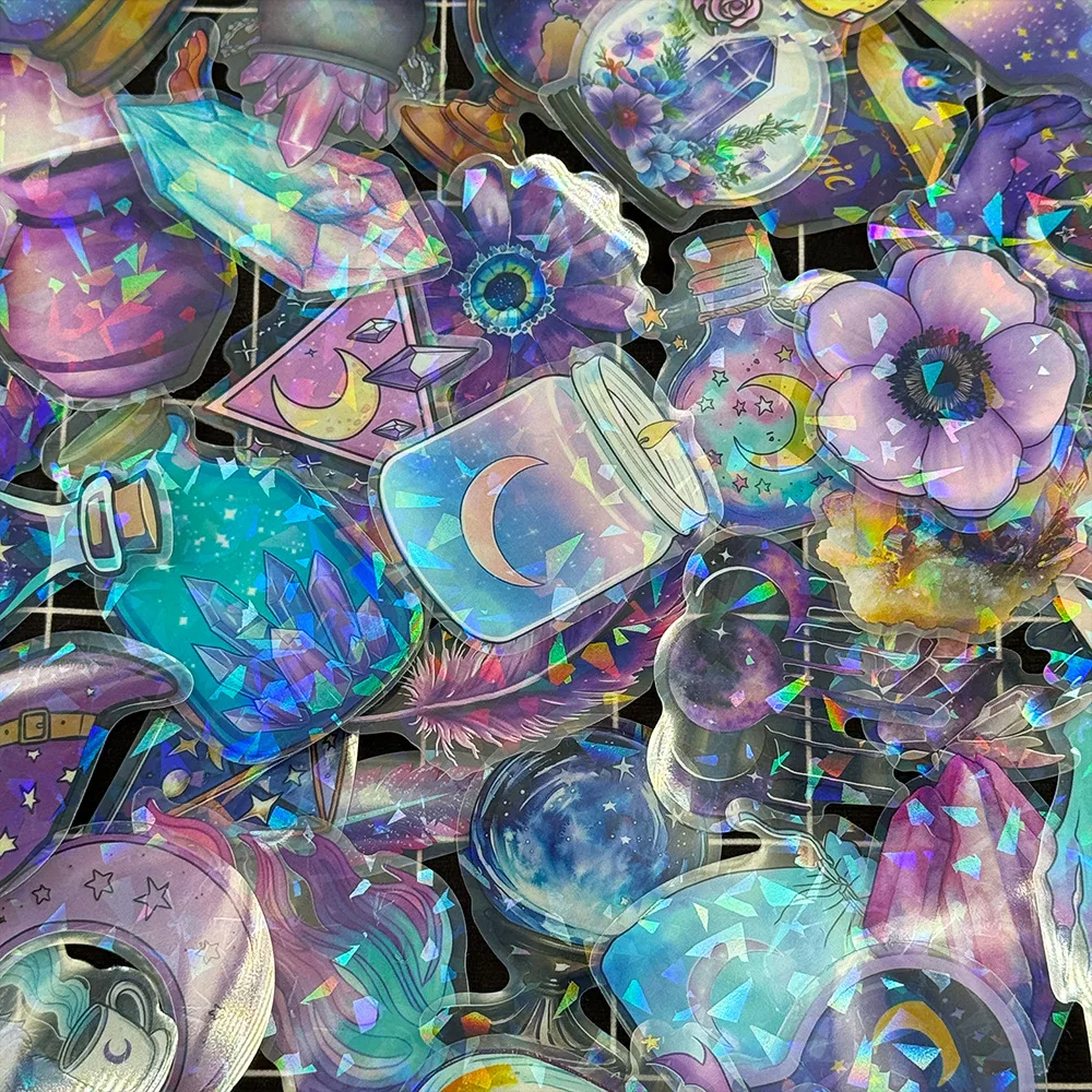 50Pcs Transparent PET Magic Witch Sparkling Film Sticker Pack Waterproof Transparent PET Hand Account Decor Guitar Notebook