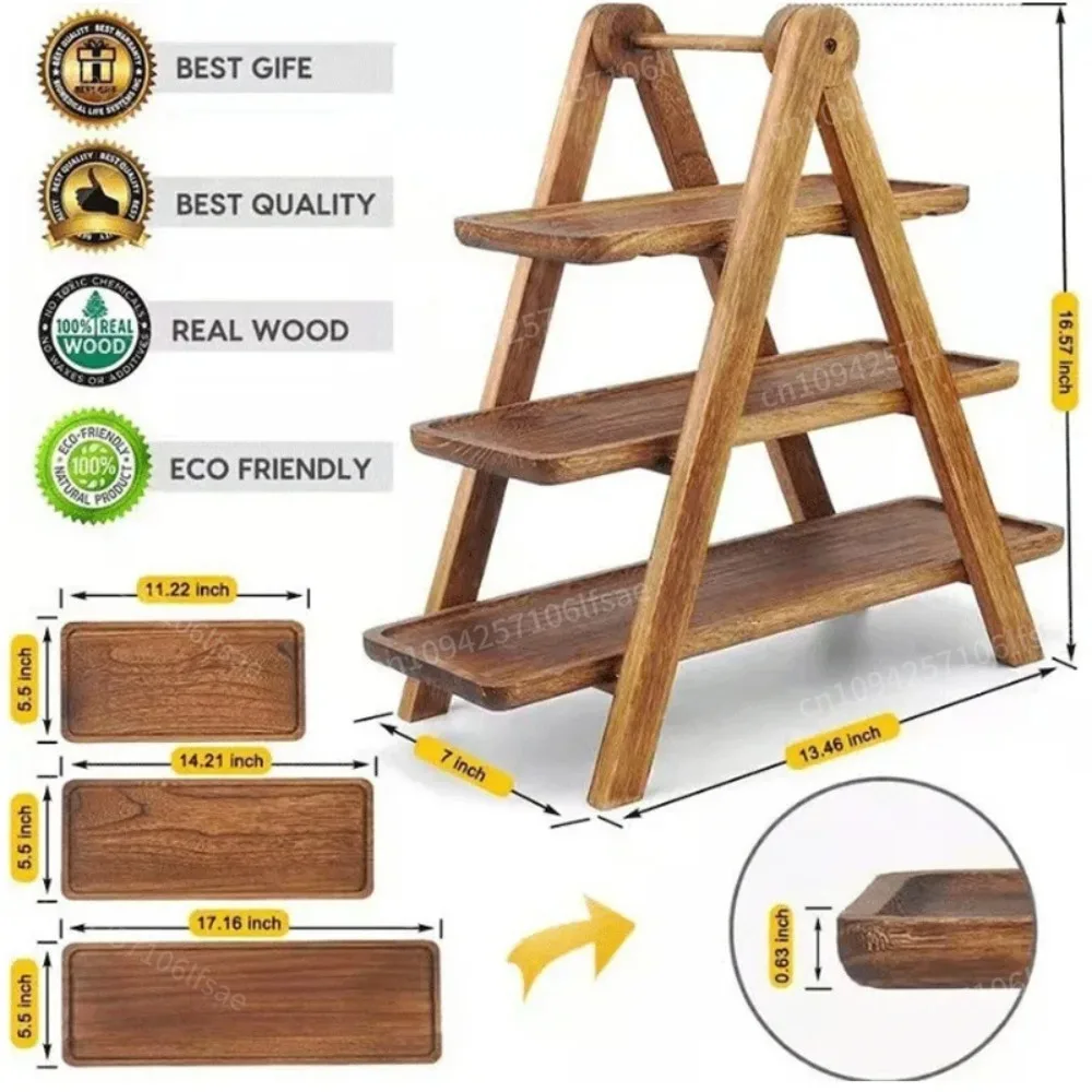 Rack de exibição de madeira para servir 3 camadas, bandejas de frutas e lanches, piquenique ao ar livre, acampamento, festa, sobremesa, decoração, quadro