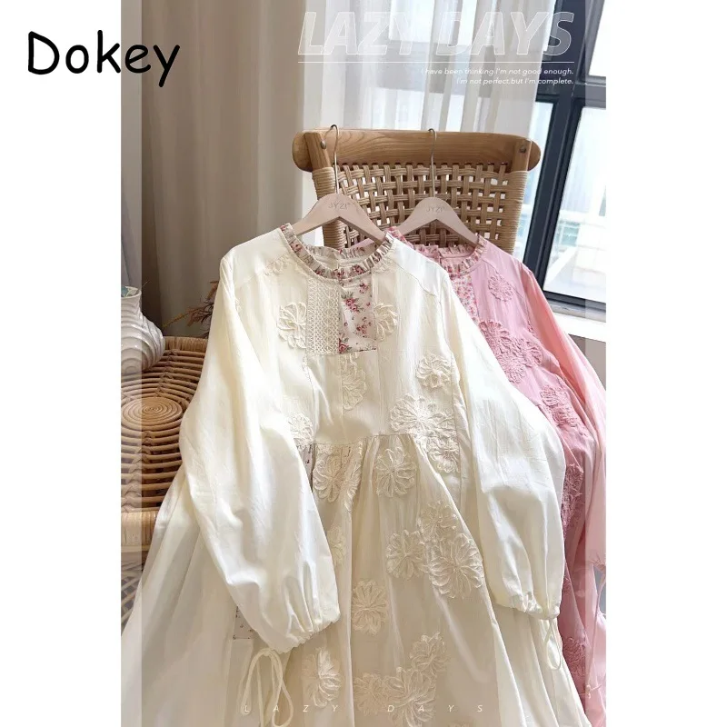 

Vintage Flower Embroidery Patchwork Dress Women Autumn Mori Girl O-neck Lace-up Puff Sleeve Cotton Linen Dresses Sweet Vestidos