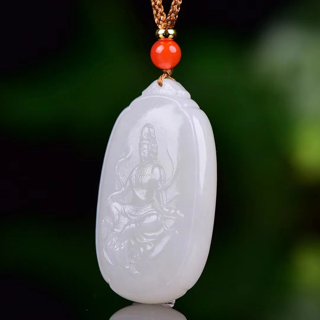 

Hetian Jade Qinghai Material Jewelry Wealth and Peace Guanyin Pendant 1155#