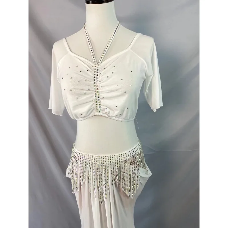 Maßgeschneidertes Bauchtanz-Kostüm, Übungs-Outfit mit sichtbaren Hüften, Diamantkette, Quaste, östliche Tanzkostüme, Klassenuniform