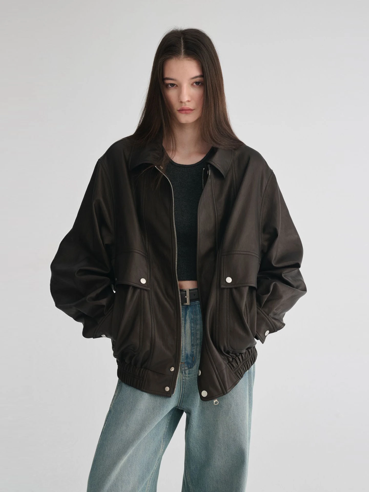 メゾン セシール レトロ スリ ルーズ プロテイン レザー ジャケット レディース カジュアル ファッション アウターウェア 亜鉛合金ジッパー留め コットン...