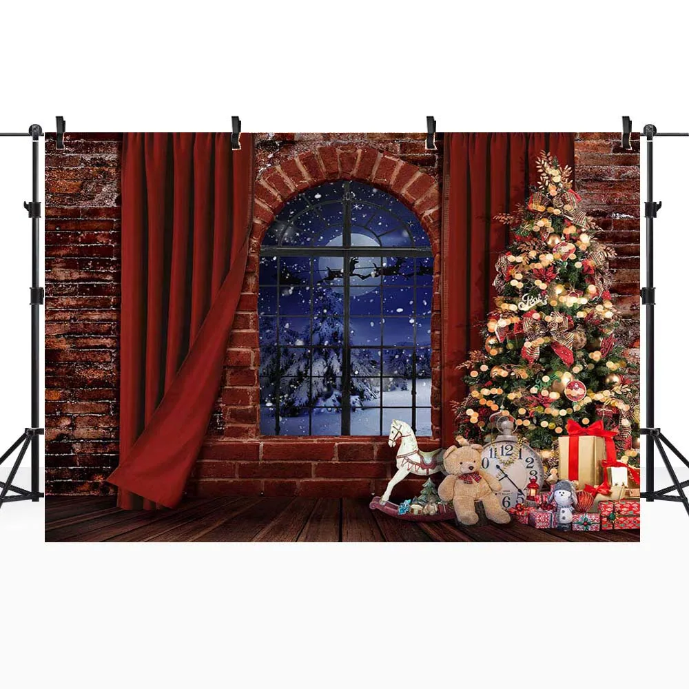 Mocsicka-Arrière-Plan de Photographie pour Portrait de Bébé et Enfant, Rideau Rouge, Arbre de Noël, Mur de Briques, Fenêtre, Neige, Plancher en Bois