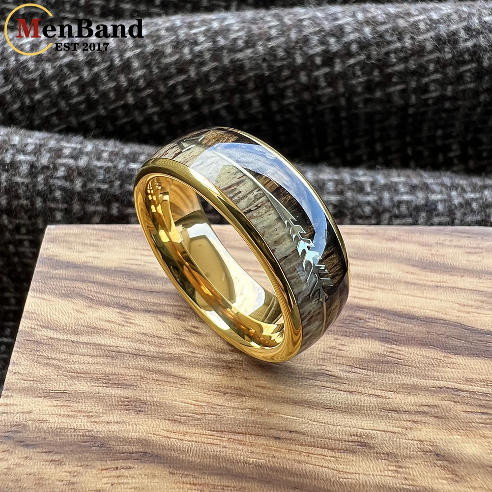 MenBand 6/8MM Koa Zebra Wood Antler Steel Arrows Inlay Tungsten Band Rings for Men Women Wedding Engagement Jewelry Comfort Fit view 3