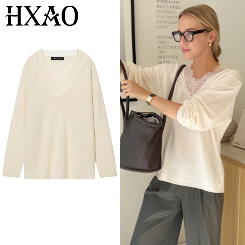 

HXAO Beige Lace Pullover Women's Sweater Autumn 2025 Light Beige V-Neck Knitwear Long Sleeve Jumpers Chic Wool Blended Pullovers