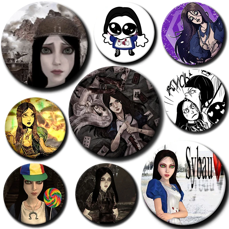 Creative Cartoon Alice Liddell Pins Horror Game Alice Madness Returns LapelBrooch for Bag Shoes Cosplay Jewelry Badge Toys Gift