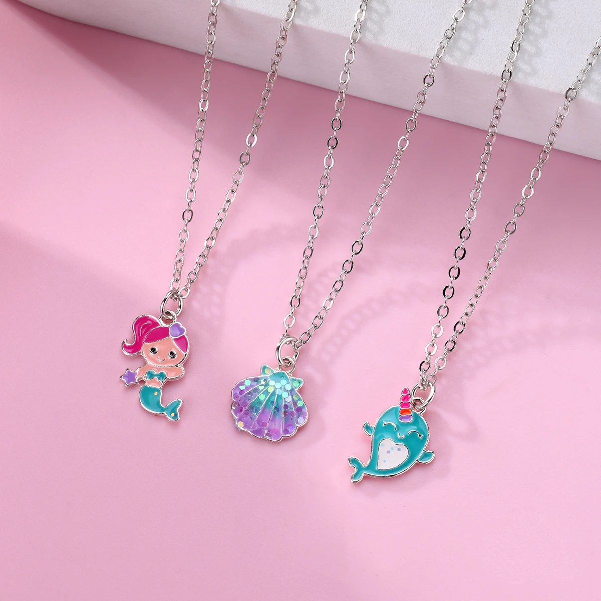 Enchanting Seas: Mermaid Shell and Dolphin Necklace Set with Color Drop Oil,  Ideal as Best Friend Jewelry Gift