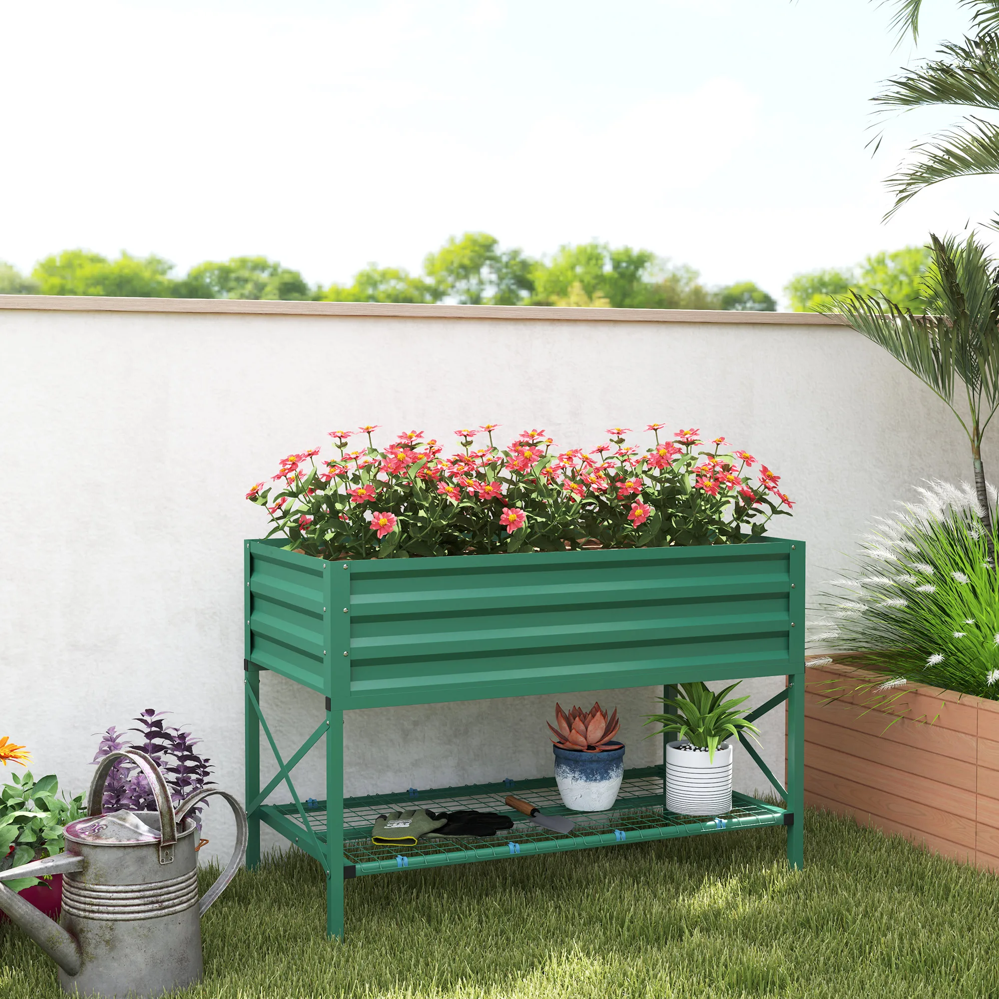 Outsunny Galvanized Raised Garden Bed with Legs and Storage Shelf, Cream