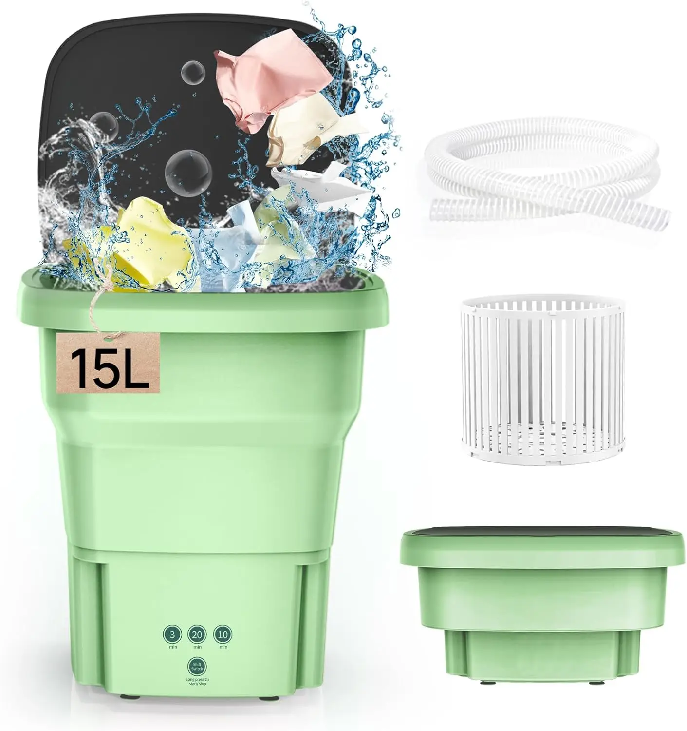 غسالة محمولة سعة 15 لترًا، غسالة صغيرة قابلة للطي مع 3 أوضاع تنظيف ذكية للسفر والشقة والجوارب الداخلية #1