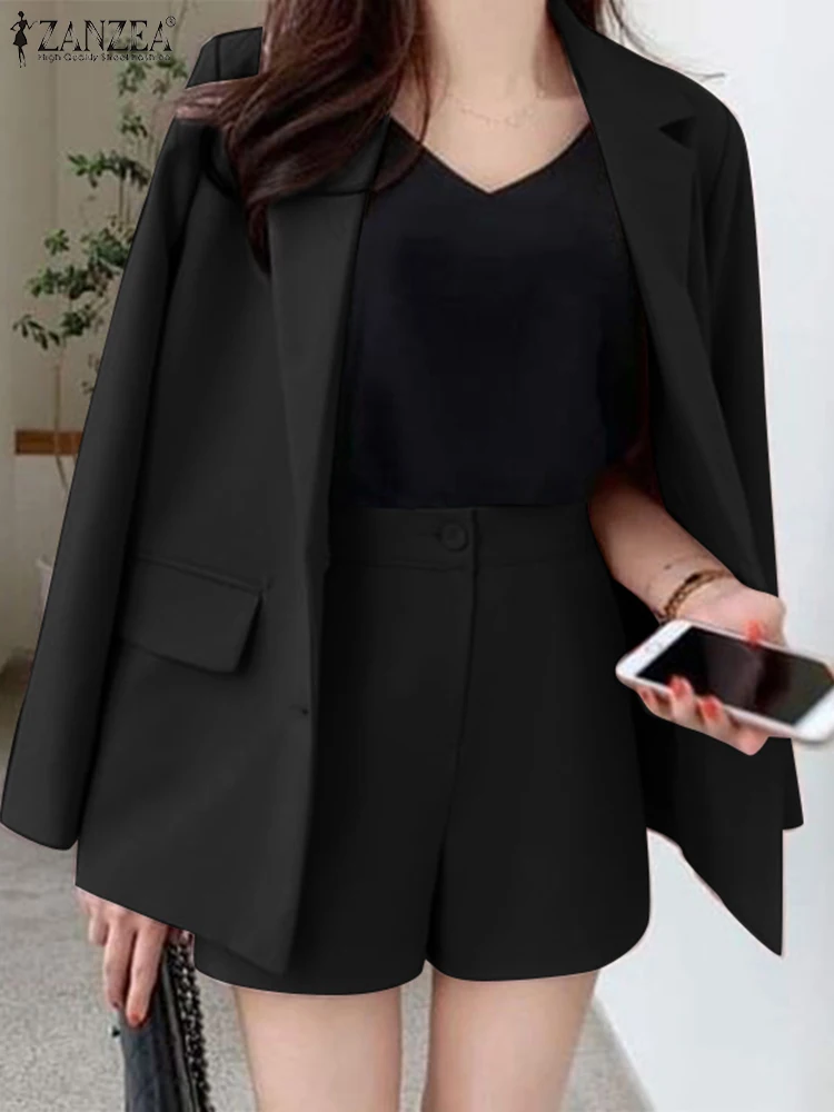 ZANZEA 2PCS Lapel Long Sleeve Solid Blazer Shorts Pant 2023 Work OL Matching Sets Spring Fashion Suit Elegant Vintage Tracksuit