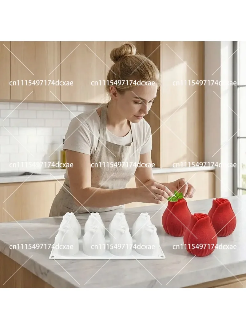 8 Cavity Rose Mousse Cake Mold, Non-Stick Silicone Chocolate Mold, Heat-Resistant Easy Demold 3D Flower Shape