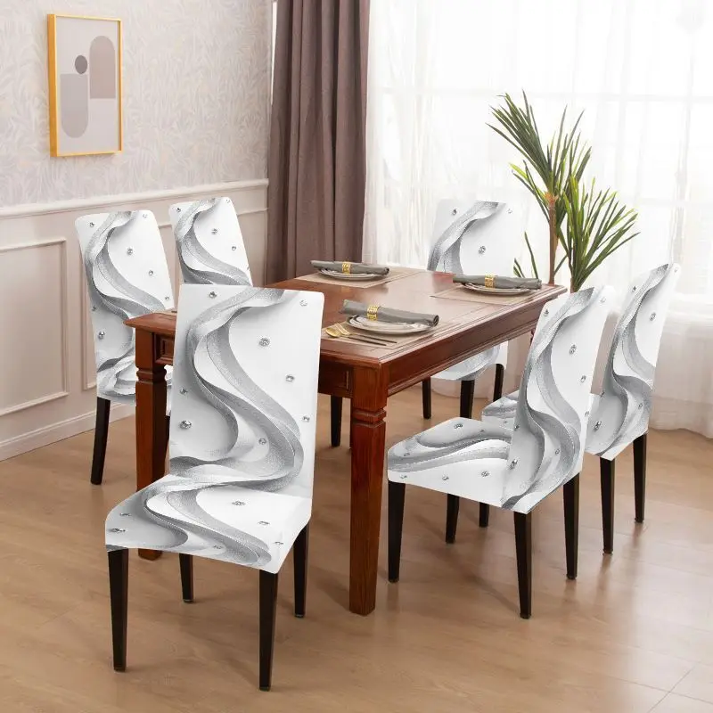 4/6PC Dining Chair Cover Parsons Luxury Silver Sparkling Wave Chair Cover with Modern Abstract Diamond Printing