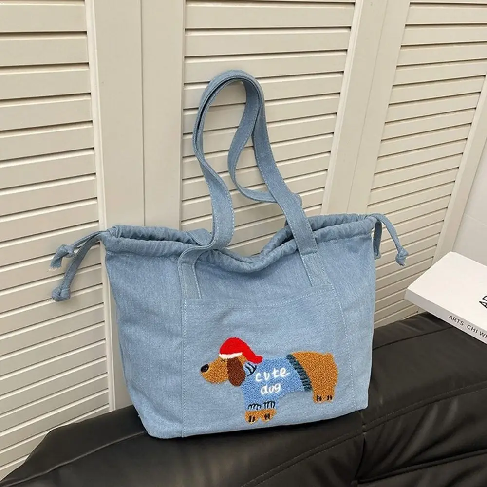 Bolsa de ombro jeans, sacola de carta impressa saco de balde, bolsa de bolinho, pano jeans, cão bonito