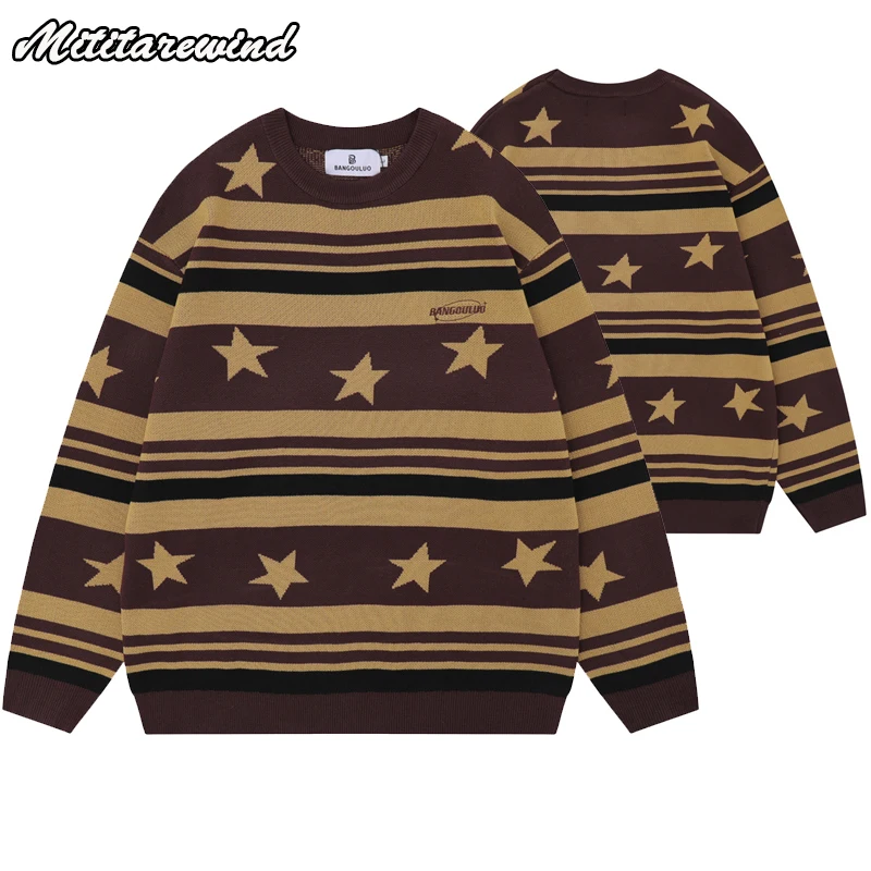 

Autumn Winter Couple Pullover Sweater Striped Star Jacquard Knitted Sweater Men Hip Hop Streetwear Casual Loose Warm Knitwear