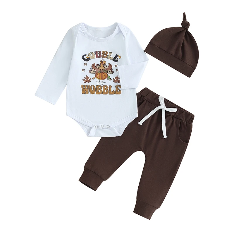 Infant Baby Thanksgiving Outfits Letter Turkey Pattern Long Sleeve Romper Long Pants Hat