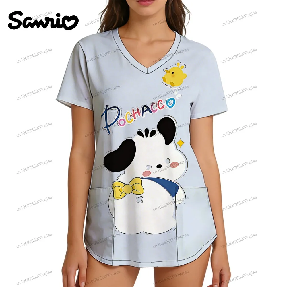 

Nurse Uniform Pochacco V Neck Sanrio Character Anime Nurse Uniform Top Y2k New in Tops & Tees 2026 S-2XL Kawaii Pocket Tshirts