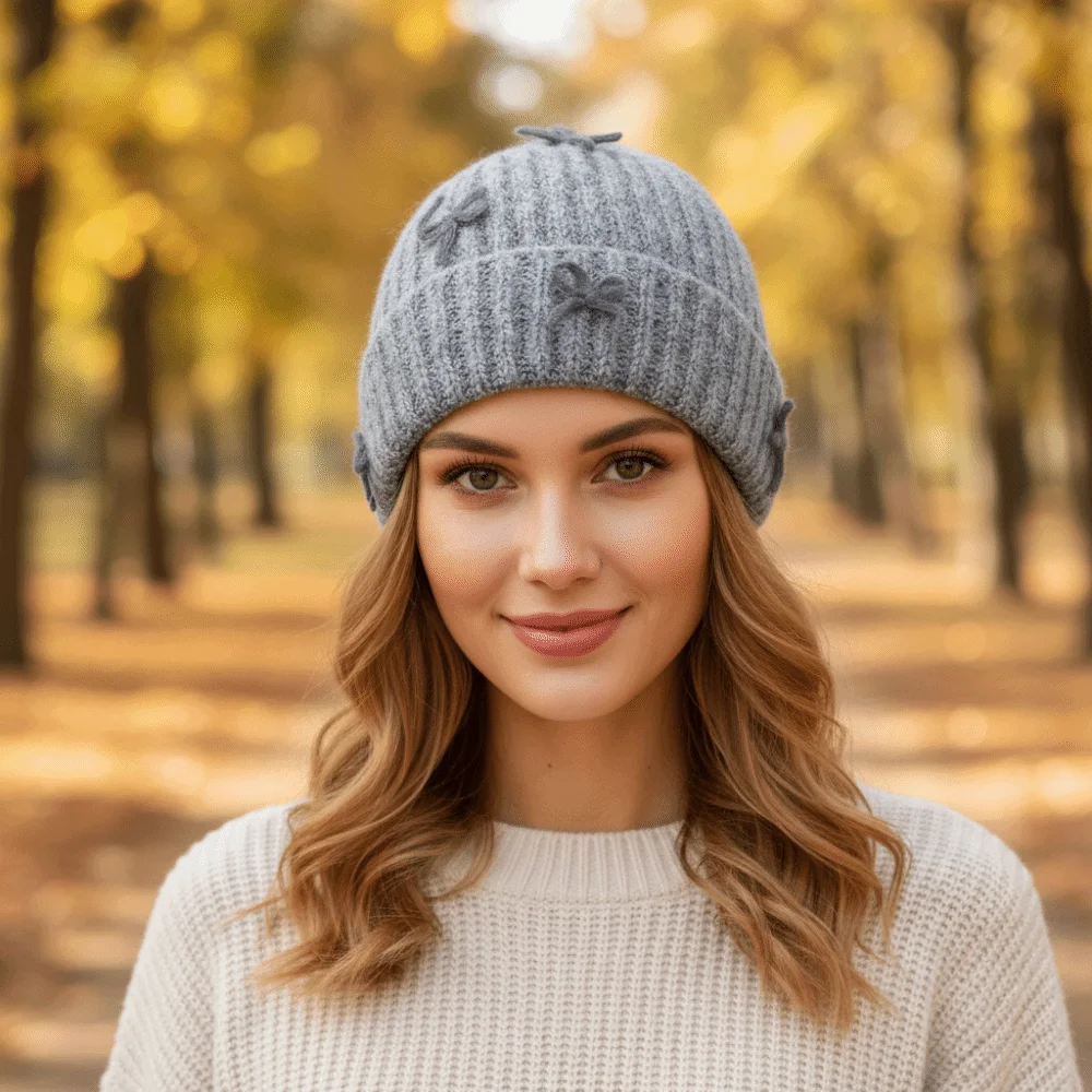 

Модная толстая вязаная шапка-бини с бантом, шерстяной пуловер в корейском стиле, однотонная теплая корейская милая шапка с бантом, зимняя шапка