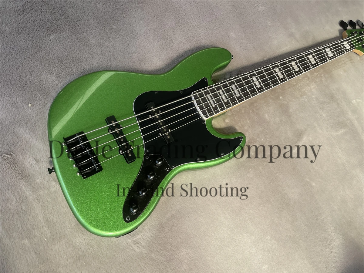 5 Strings Electric Bass Jazz Solid Body Metal Green Bass Rosewood Fingerboard Active Battery Black Guard Black Tuners Bridge