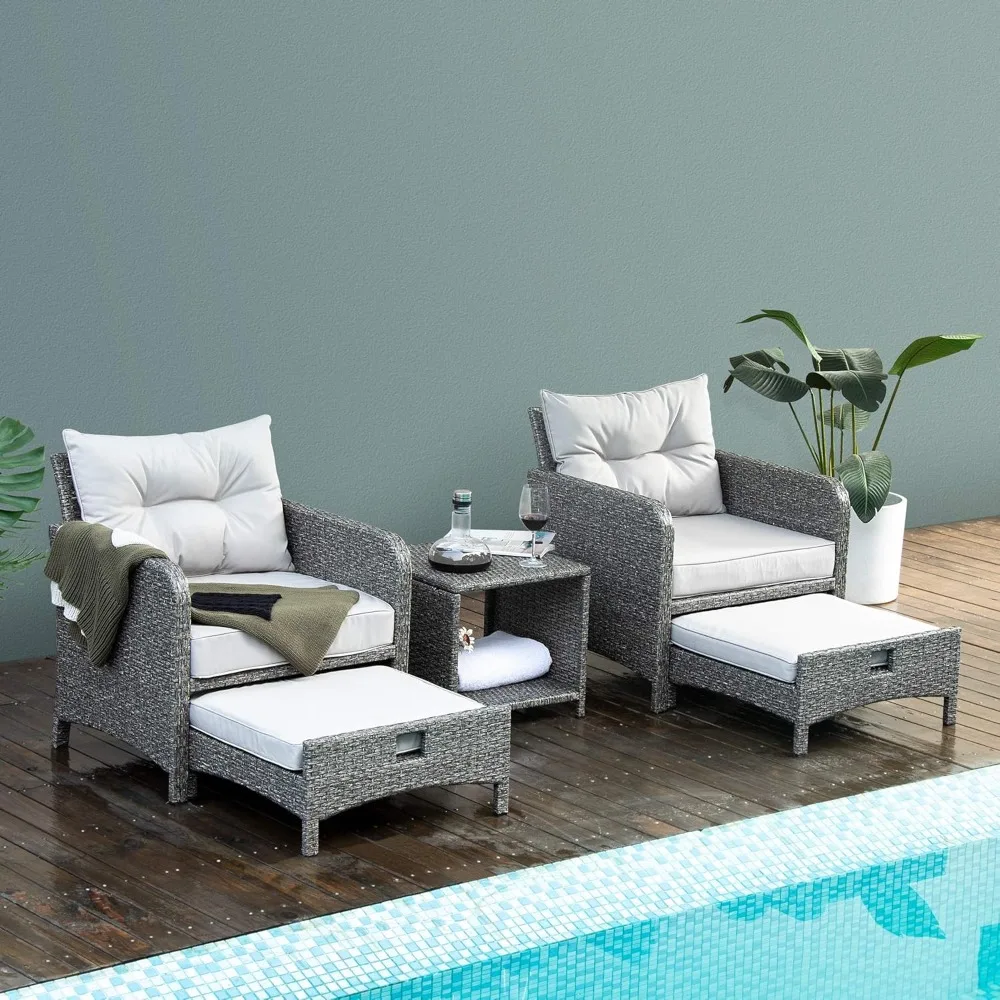 

5-piece Outdoor Patio Rattan Chair Set with Footstool, Outdoor Meeting Furniture Set with Cushions and Coffee Table